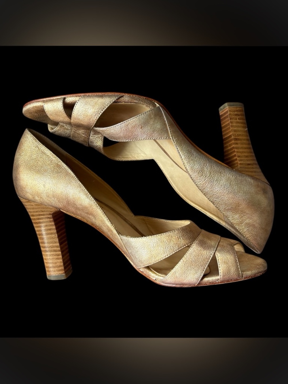 👠MODERN VINTAGE Metallic Gold Open-Toe Leather Pumps, Sz 39.5EU - LIKE NEW